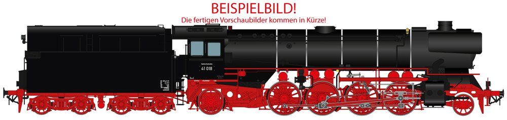 keine Beheimatung, Auslieferungszustand, Aufbau schwarz, Fahrwerk feuerrot, schwarze Kesselring, Altbaukessel mit obenliegenden Sandkasten, Knorr Oberflächenvorwärmer, Wagner Windleitbleche, mit Frontschürze, 2x DRG Lampen, Tender 2'2'T32 genietet