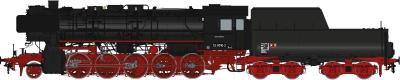 Rbd Greifswald, Bw Eberswalde, 2-Licht-Spitzensignal vorn/hinten, Rundschlot, Original Sandkästen der Br 52, Speichen-Vorlaufrad, Wannentender 2`2`T30 ohne Kabine
