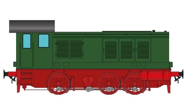 Epoche III/IV, Aufbau: SNCB-Grün, Rahmen: rot, Räder: rot, 2-Licht-Spitzensignal vorn/hinten, DRG-Lampen, Kühlergrill mit senkrechten Streben, beidseitige 300L Lufttanks, seitliche Türen durchgehend mit Lüftungskiemen, ohne Glocke, Stachelschienenräu
