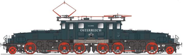 Aufbau: schwarzgrau, Fahrwerk und Rahmen: schwarz, Räder: rot, 3-Licht-Spitzensignal, Pantographen mit je 1 Schleifleiste, Aufschrift “US ZONE ÖSTERREICH”
