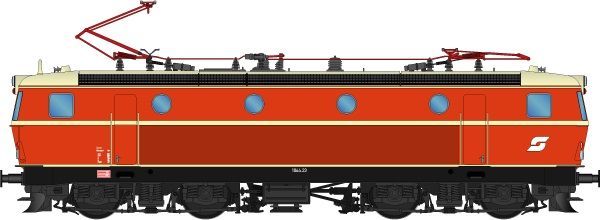 FINESCALE, Zustand: Mai 1974, Lokkasten: Blutorangerot (RAL 2002), Zierstreifen/Dach: Elfenbein (RAL 1014), Rahmen/Fahrwerk: Tiefschwarz (RAL 9005), niedrige Dachlüfter, runde Pufferplatten, ÖBB Pflatsch, stirnseitig Lokschilder