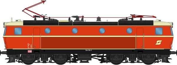 Epoche IVc, Zustand: Juli 1981, Lokkasten: Blutorangerot (RAL 2002), Zierstreifen/Dach: Elfenbein (RAL 1014), Rahmen/Fahrwerk: Tiefschwarz (RAL 9005), niedrige Dachlüfter, runde Pufferplatten, ÖBB Pflatsch, stirnseitig Lokschild