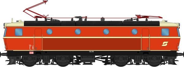 Zustand: Sep. 1983, Lokkasten: Blutorangerot (RAL 2002), Zierstreifen/Dach: Elfenbein (RAL 1014), Rahmen/Fahrwerk: Tiefschwarz (RAL 9005), hohe Dachlüfter, runde Pufferplatten, ÖBB Pflatsch