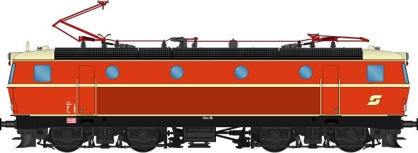 Zustand: Sep. 1983, Lokkasten: Blutorangerot (RAL 2002), Zierstreifen/Dach: Elfenbein (RAL 1014), Rahmen/Fahrwerk: Tiefschwarz (RAL 9005), hohe Dachlüfter, runde Pufferplatten, ÖBB Pflatsch