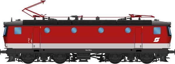 Zustand: Apr. 1996, Lokkasten: Verkehrsrot (RAL 3020), Bauchbinde: Achatgrau (RAL 7038), Dach: Umbragrau (RAL 7022), Rahmen/Fahrwerk: Umbragrau (RAL 7022), hohe Dachlüfter, runde Pufferplatten, ÖBB Pflatsch, LZB-Streifen