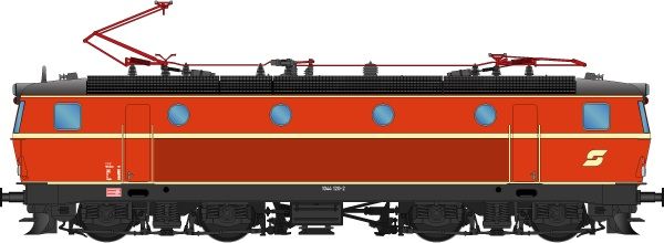 Zustand: Feb. 2007, Lokkasten: Blutorangerot (RAL 2002), Zierstreifen: Elfenbein (RAL 1014), Dach: Umbragrau (RAL 7022), Rahmen/Fahrwerk: Umbragrau (RAL 7022), hohe Dachlüfter, eckige Pufferplatten, ÖBB Pflatsch