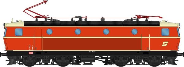 Zustand: Dez. 2008, Lokkasten: Blutorangerot (RAL 2002), Zierstreifen: Elfenbein (RAL 1014), Dach: Elfenbein (RAL 1014), Rahmen/Fahrwerk: Tiefschwarz (RAL 9005), hohe Dachlüfter, runde Pufferplatten, ÖBB Pflatsch