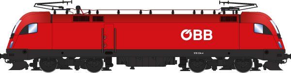 Lokkasten: Verkehrsrot (RAL 3020), Rahmen/Fahrwerk: Umbragrau (RAL 7022), ÖBB Wortmarke an den Seiten und der Front, Dachaufbau mit 2 Stromabnehmern, 3. Spitzenlicht unter der Windschutzscheibe, Siemens-Bauform ES64U2