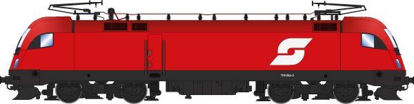 Lokkasten: Verkehrsrot (RAL 3020), Rahmen/Fahrwerk: Umbragrau (RAL 7022), ÖBB Pflatsch an den Seiten, Dachaufbau mit 2 Stromabnehmern, 3. Spitzenlicht unter der Windschutzscheibe, Siemens-Bauform ES64U2