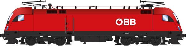 FINESCALE, Lokkasten: Verkehrsrot (RAL 3020), Rahmen/Fahrwerk: Umbragrau (RAL 7022), ÖBB Wortmarke an den Seiten und der Front, Dachaufbau mit 2 Stromabnehmern, 3. Spitzenlicht unter der Windschutzscheibe, Siemens-Bauform ES64U2