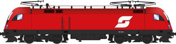 Lokkasten: Verkehrsrot (RAL 3020), Rahmen/Fahrwerk: Umbragrau (RAL 7022), ÖBB Pflatsch an den Seiten, Dachaufbau mit 3 Stromabnehmern, 3. Spitzenlicht unter der Windschutzscheibe, Siemens-Bauform ES64U2