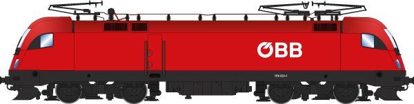 Lokkasten: Verkehrsrot (RAL 3020), Rahmen/Fahrwerk: Umbragrau (RAL 7022), ÖBB Wortmarke an den Seiten und der Front, Dachaufbau mit 3 Stromabnehmern, 3. Spitzenlicht unter der Windschutzscheibe, Siemens-Bauform ES64U2