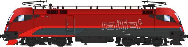 FINESCALE, Lokkasten: Railjet-Rot (Pantone 1807), Rahmen/Fahrwerk: Umbragrau (RAL 7022), ÖBB Railjet-Design, Dachaufbau mit 2 Stromabnehmern, 3. Spitzenlicht unter der Windschutzscheibe, Siemens-Bauform ES64U2