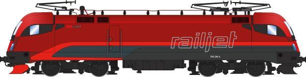 FINESCALE, Lokkasten: Railjet-Rot (Pantone 1807), Rahmen/Fahrwerk: Umbragrau (RAL 7022), ÖBB Railjet-Design, Dachaufbau mit 3 Stromabnehmern, 3. Spitzenlicht unter der Windschutzscheibe, Siemens-Bauform ES64U2