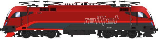 FINESCALE, Lokkasten: Railjet-Rot (Pantone 1807), Rahmen/Fahrwerk: Umbragrau (RAL 7022), ÖBB Railjet-Design, Dachaufbau mit 4 Stromabnehmern, 3. Spitzenlicht über der Windschutzscheibe, Siemens-Bauform ES64U4