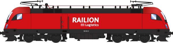 Lokkasten: Verkehrsrot (RAL 3020), Rahmen/Fahrwerk: Basaltgrau (RAL 7012), Railion Wortmarke an den Seiten und der Front, Dachaufbau mit 2 Stromabnehmern, 3. Spitzenlicht unter der Windschutzscheibe, Siemens-Bauform ES64U2