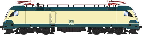 Lokkasten: Beige (RAL 1001), Fahrwerk: Basaltgrau (RAL 7012), Ozeanblau & Beiges Reisezugdesign, Dachaufbau mit 2 Stromabnehmern, 3. Spitzenlicht unter der Windschutzscheibe, Siemens-Bauform ES64U2