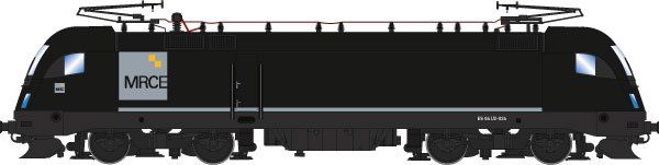 Lokkasten: schwarz (RAL 9005), schwarz (RAL 9005), MRCE Logo an den Seiten, Dachaufbau mit 2 Stromabnehmern, 3. Spitzenlicht unter der Windschutzscheibe, Siemens-Bauform ES64U2