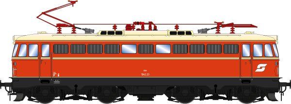 Lokkasten: Blutorangerot (RAL 2002), Rahmen/Fahrwerk: schwarz (RAL 9005), Dach: Elfenbein (RAL 1014), ÖBB Pflatsch, Elfenbein (RAL 1014) Zierlinien, Einholmstromabnehmer (Knie außen), mit Eckfenster, Altbaulampen, mit Schlusslichter