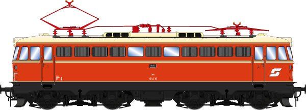FINESCALE, Lokkasten: Blutorangerot (RAL 2002), Rahmen/Fahrwerk: schwarz (RAL 9005), Dach: Elfenbein (RAL 1014), ÖBB Pflatsch, Elfenbein (RAL 1014) Zierlinien, ÖBB Pantographen, mit Eckfenster, Altbaulampen, mit Schlusslichter
