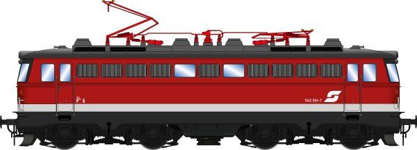 FINESCALE, Lokkasten: Verkehrsrot (RAL 3020), Rahmen/Fahrwerk: Umbragrau (RAL 7022), Dach: Umbragrau (RAL 7022), ÖBB Pflatsch, Achatgraue (RAL 7038) Bauchbinde, Einholmstromabnehmer (Knie innen), ohne Eckfenster, Altbaulampen, mit Schlusslichter