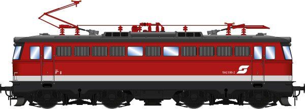 FINESCALE, Lokkasten: Verkehrsrot (RAL 3020), Rahmen/Fahrwerk: Umbragrau (RAL 7022), Dach: Umbragrau (RAL 7022), ÖBB Pflatsch, Achatgraue (RAL 7038) Bauchbinde, Einholmstromabnehmer (Knie außen), ohne Eckfenster, Neubaulampen, mit Schlusslichter