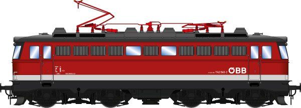 FINESCALE,  Lokkasten: Verkehrsrot (RAL 3020), Rahmen/Fahrwerk: Umbragrau (RAL 7022), Dach: Umbragrau (RAL 7022), ÖBB Pflatsch, Achatgraue (RAL 7038) Bauchbinde, Einholmstromabnehmer (Knie innen), ohne Eckfenster, Neubaulampen, mit Schlusslichter