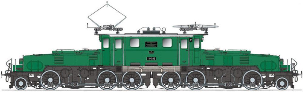 FINESCALE, Aufbau moosgrün RAL 6005, Fahrwerk/Rahmen/Räder schwarz RAL 9005, blanke Radreifen, Stangenpuffer, 3-Licht-Spitzensignal, Hilfsstromabnehmer, Pantographen mit je 1 Schleifleiste