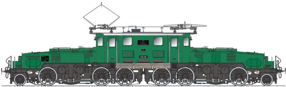 FINESCALE, Aufbau moosgrün RAL 6005, Fahrwerk/Rahmen/Räder schwarz RAL 9005, blanke Radreifen, Stangenpuffer, 3-Licht-Spitzensignal, Pantographen mit je 1 Schleifleiste