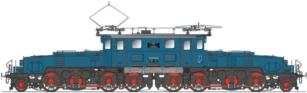 Aufbau blaugrau RAL 7031, Rahmen schwarz RAL 9005, Räder/Radreifen rot RAL 3000, Stangenpuffer, 3-Licht-Spitzensignal (abgedunkelt), Pantographen mit je 1 Schleifleiste