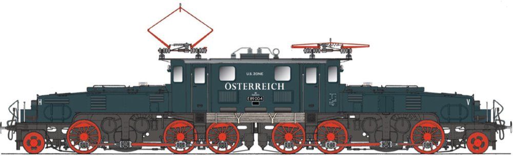 Aufbau blaugrau RAL 7031, Rahmen schwarz RAL 9005, Räder rot RAL 3000, Radreifen schwarz RAL 9005, Stangenpuffer, 3-Licht-Spitzensignal, Hilfsstromabnehmer, Pantographen mit je 1 Schleifleiste, Aufschrift “U.S. ZONE ÖSTERREICH”