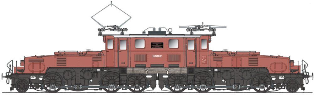Aufbau SBB Braun, Rahmen/Räder/Radreifen schwarz RAL 9005, Hülsenpuffer, 3-Licht-Spitzensignal, Pantographen mit je 1 Schleifleiste