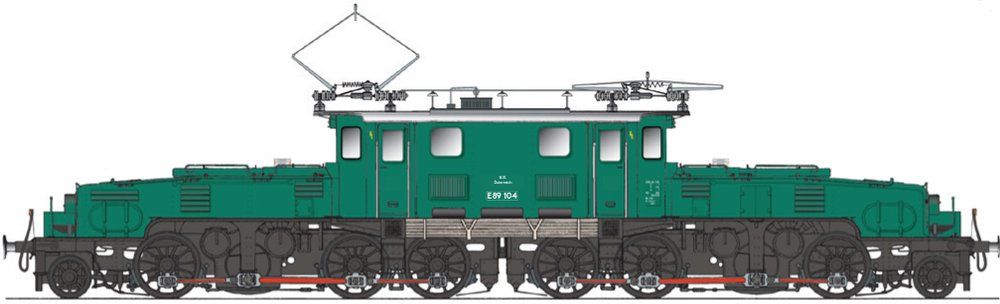 Aufbau tannengrün RAL 6009, Rahmen/Räder/Radreifen schwarz RAL 9005, Hülsenpuffer, 3-Licht-Spitzensignal, Pantographen mit je 1 Schleifleiste