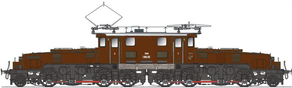 Aufbau mahagonibraun RAL 8016, Rahmen/Räder/Radreifen schwarz RAL 9005, Hülsenpuffer, 3-Licht-Spitzensignal, Pantographen mit je 1 Schleifleiste
