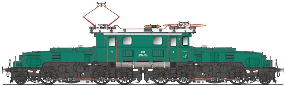 Aufbau tannengrün RAL 6009, Rahmen/Räder/Radreifen schwarz RAL 9005, Hülsenpuffer, 3-Licht-Spitzensignal, Pantographen mit je 2 Schleifleiste