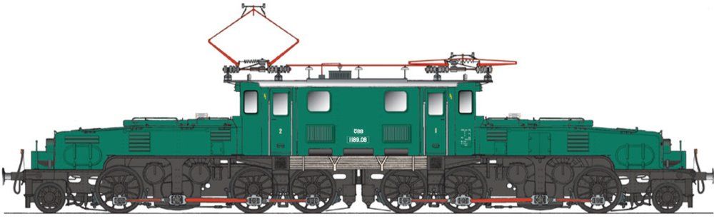 Aufbau tannengrün RAL 6009, Rahmen/Räder/Radreifen schwarz RAL 9005, Hülsenpuffer, 3-Licht-Spitzensignal, Pantographen mit je 2 Schleifleiste