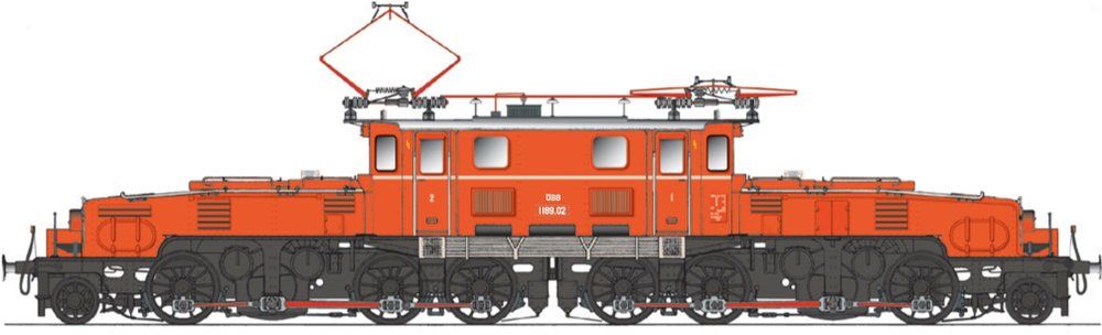 FINESCALE, Aufbau blutorangerot RAL 2002, Rahmen/Räder/Radreifen schwarz RAL 9005, Hülsenpuffer, 3-Licht-Spitzensignal, Pantographen mit je 2 Schleifleiste