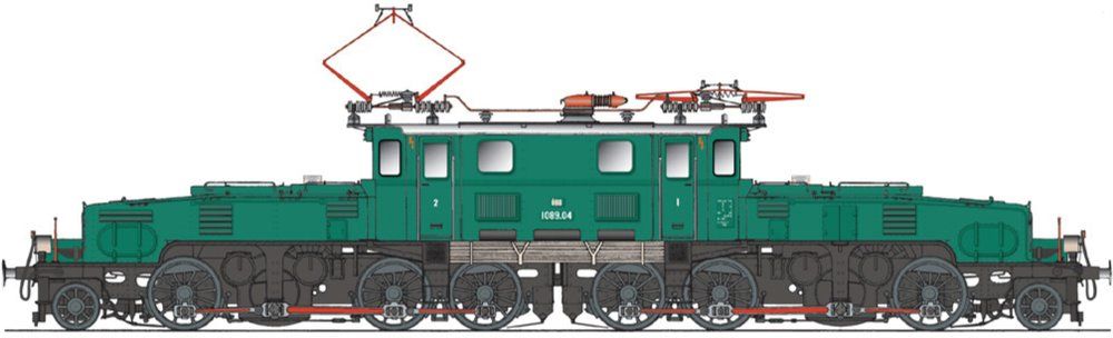 Aufbau tannengrün RAL 6009, Rahmen/Räder/Radreifen schwarz RAL 9005, Hülsenpuffer, 3-Licht-Spitzensignal, freistehende Lampen Pantographen mit je 2 Schleifleiste