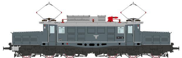 PUR-Radsätze, Bw Innsbruck, Rahmen: schwarz (RAL 9005), Räder: rot (RAL 3000), Radreifen: Blank, Lokkasten und Vorbauten: blaugrau (RAL 7031) Pantographen mit 1 Schleifleiste, Anfahrlicht, 2 abgedunkelte DRG Lampen je Vorbau, Reichsadler verfälscht