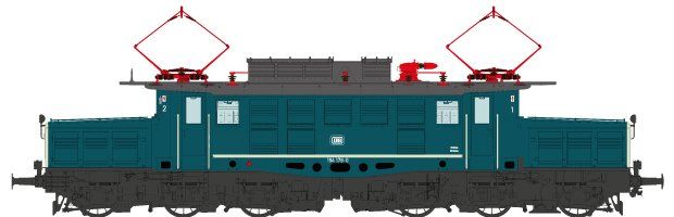 BD Karlsruhe, Bw Mannheim, Rahmen/Räder/Radreifen: schwarz (RAL 9005), Aufbau ozeanblau (RAL 5020), beige Stirnseiten der Vorbauten und Zierstreifen, lackierte Loknummern und “DB Keks”, Pantographen mit 1 Schleifleiste,3 Hella Lampen