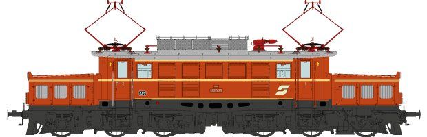 Zfl. Innsbruck, Fahrwerk: schwarz (RAL 9005), Aufbau blutorangerot (RAL 2002), Lokschilder, Pantographen mit 2 Schleifleiste, liegende Isolatoren, integriertes 3-Licht-Spitzensignal und Schlusslicht, Jet-Lüfter, 2 Frontfenster, mit Pflatsch