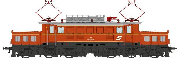 PUR-Räder, Zfl. Villach, Fahrwerk: schwarz (RAL 9005), Aufbau blutorangerot (RAL 2002), Lokschilder, Pantographen mit 2 Schleifleiste, liegende Isolatoren, integriertes 3-Licht-Spitzensignal und Schlusslicht, Jet-Lüfter, 2 Frontfenster, mit Pflatsch