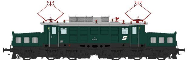 PUR-Räder, Zfl. Innsbruck, Fahrwerk: schwarz (RAL 9005), Aufbau tannengrün (RAL 6009), Lokschilder,  Pantographen mit 2 Schleifleiste, stehende Isolatoren, integriertes 3-Licht-Spitzensignal ohne Schlusslicht, Jet-Lüfter, 2 Frontfenster, mit Pflatsch