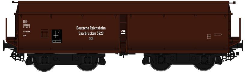 Wagenkasten: rotbraun (RAL 8012), Rahmen/Fahrwerk: schwarz (RAL 9005), Epoche IIc, niedrige Bordwände, Drehgestellbauart 981