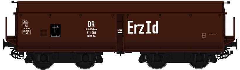 SCALE, Beschriftung mit “DR Brit-US-Zone” und “Erz Id”, Wagenkasten: rotbraun (RAL 8012), Rahmen/Fahrwerk: schwarz (RAL 9005), Epoche IIIa, niedrige Bordwände, Drehgestellbauart 981