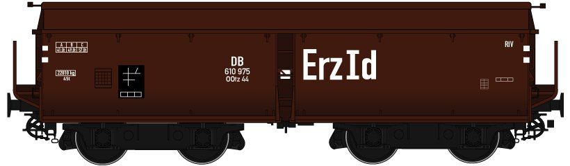 Wagenkasten: rotbraun (RAL 8012), Rahmen/Fahrwerk: schwarz (RAL 9005), Epoche IIIb, niedrige Bordwände. Drehgestellbauart 981, beschriftet mit “Erz Id”