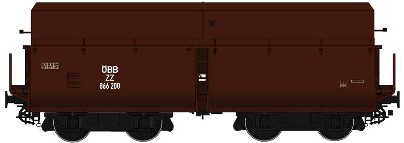 Wagenkasten: mahagonibraun (RAL 8016), Rahmen/Fahrwerk: schwarz (RAL 9005), Epoche III, mittelhohe Bordwände. Drehgestellbauart 981