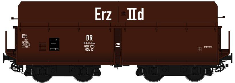 SCALE, Beschriftung mit “DR Brit-US-Zone” und “Erz IId”, Wagenkasten: rotbraun (RAL 8012), Rahmen/Fahrwerk: schwarz (RAL 9005),Epoche IIIa, mittelhohe Bordwände, Drehgestellbauart 981
