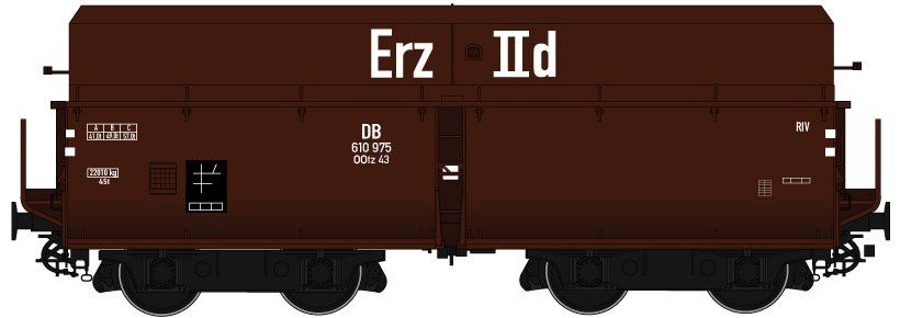 FINESCALE, beschriftet mit “Erz IId”, Wagenkasten: rotbraun (RAL 8012), Rahmen/Fahrwerk: schwarz (RAL 9005), Epoche IIIb, mittelhohe Bordwände, Drehgestellbauart 981,