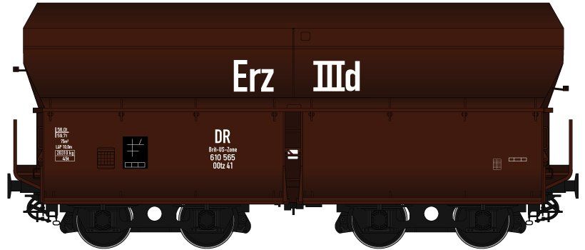 SCALE, Beschriftung mit “DR Brit-US-Zone” und “Erz IIId”, Wagenkasten: rotbraun (RAL 8012), Rahmen/Fahrwerk: schwarz (RAL 9005), Epoche IIIa, hohe Bordwände, Drehgestellbauart 973